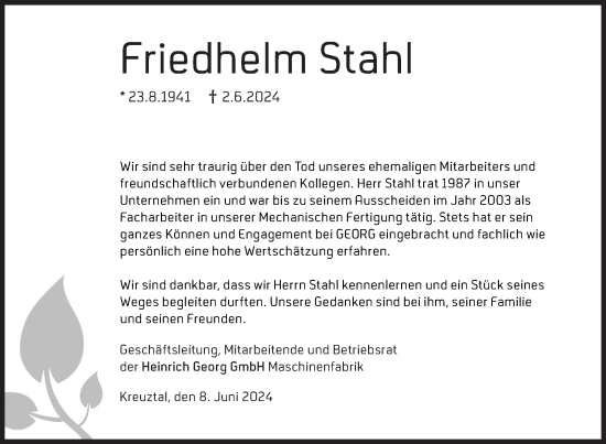 Traueranzeige von Friedhelm Stahl von Siegener Zeitung