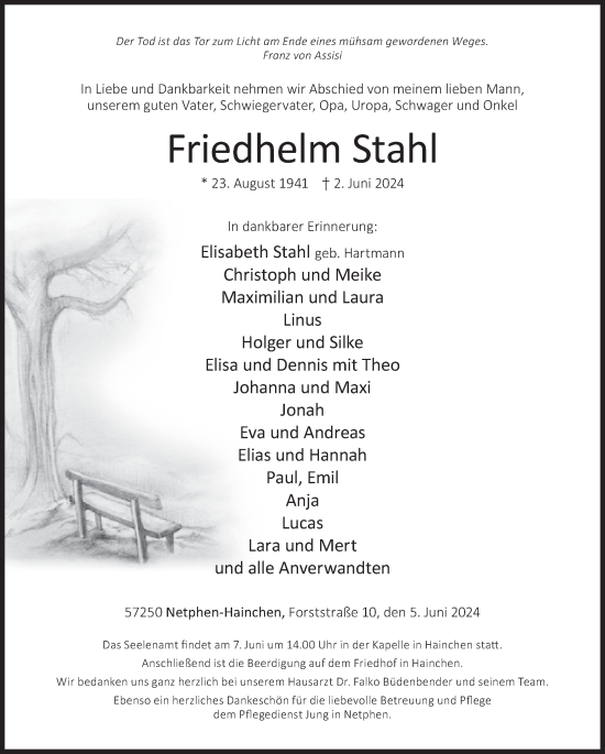 Traueranzeige von Friedhelm Stahl von Siegener Zeitung