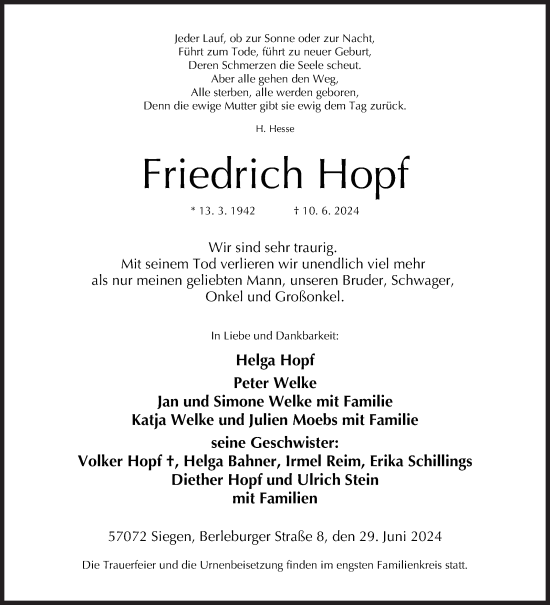 Traueranzeige von Friedrich Hopf von Siegener Zeitung