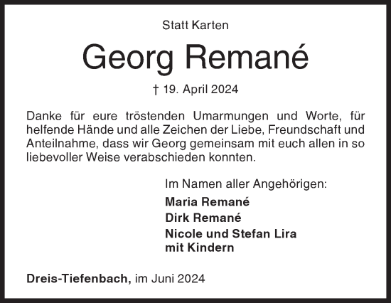 Traueranzeige von Georg Remané von Siegener Zeitung