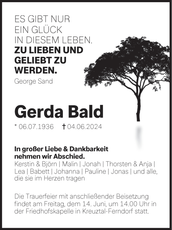 Traueranzeige von Gerda Bald von Siegener Zeitung
