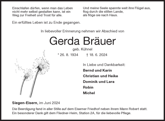 Traueranzeige von Gerda Bräuer von Siegener Zeitung