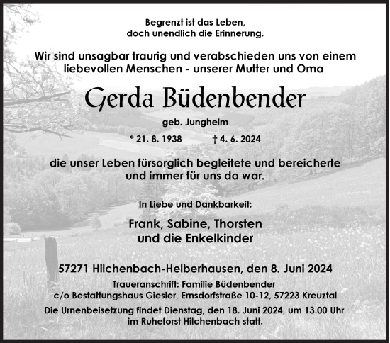 Traueranzeige von Gerda Büdenbender von Siegener Zeitung