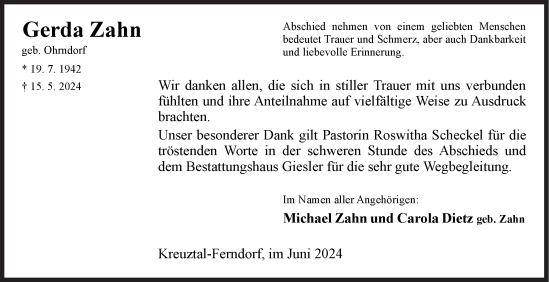 Traueranzeige von Gerda Zahn von Siegener Zeitung