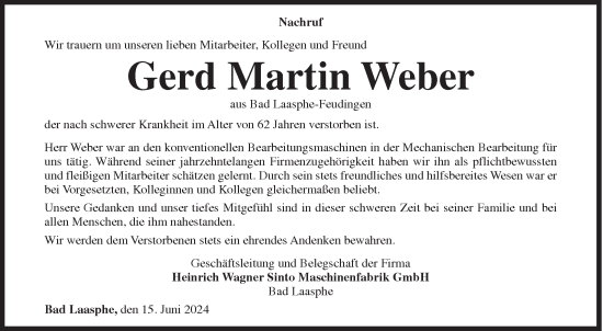 Traueranzeige von Gerd Martin Weber von Siegener Zeitung