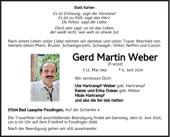 Traueranzeige von Gerd Martin Weber von Siegener Zeitung