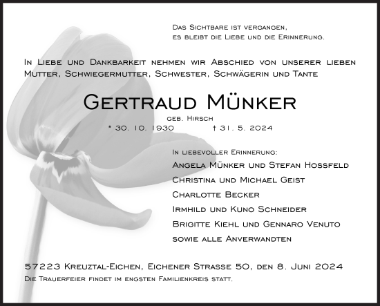 Traueranzeige von Gertraud Münker von Siegener Zeitung
