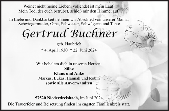 Traueranzeige von Gertrud Buchner von Siegener Zeitung