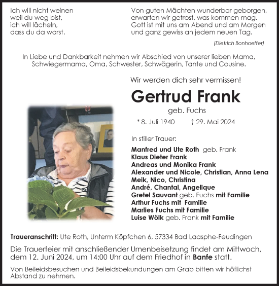 Traueranzeige von Gertrud Frank von Siegener Zeitung