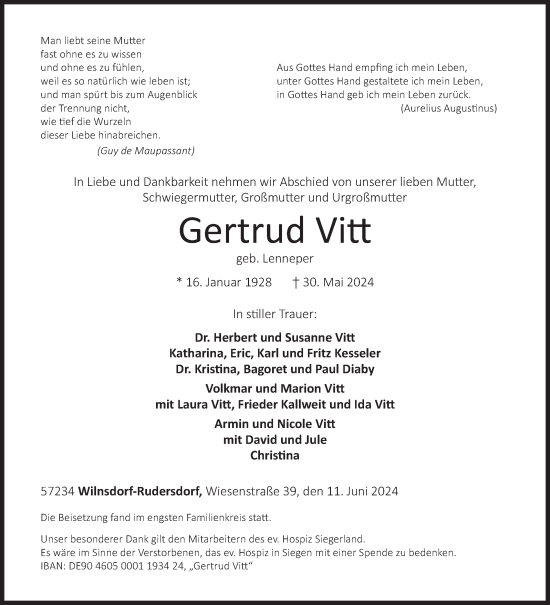 Traueranzeige von Gertrud Vitt von Siegener Zeitung