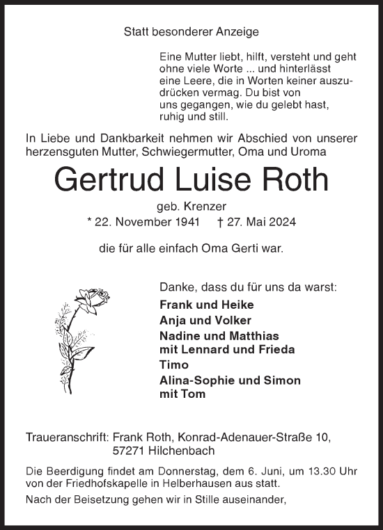 Traueranzeige von Gertrud Luise Roth von Siegener Zeitung