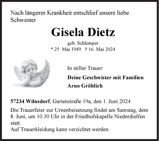 Traueranzeige von Gisela Dietz von Siegener Zeitung