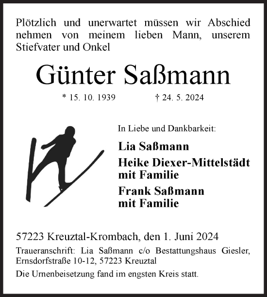 Traueranzeige von Günter Saßmann von Siegener Zeitung