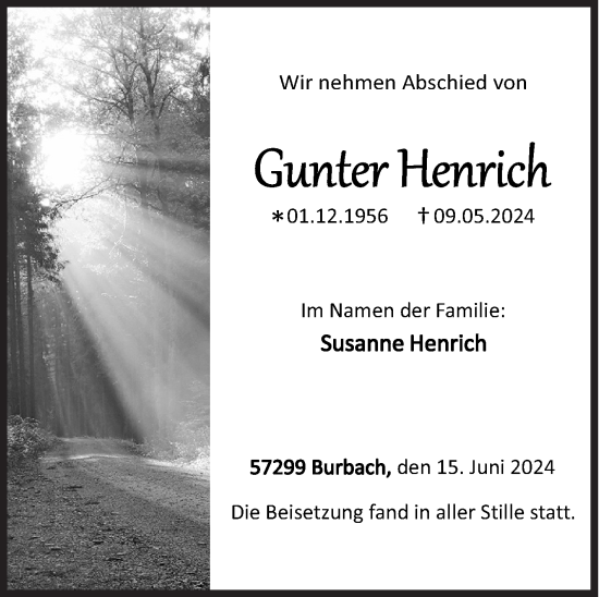 Traueranzeige von Gunter Henrich von Siegener Zeitung