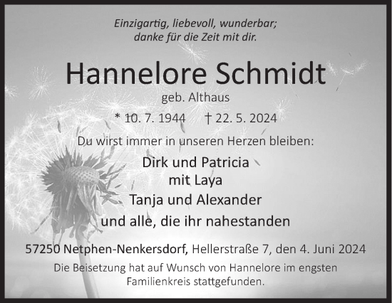 Traueranzeige von Hannelore Schmidt von Siegener Zeitung