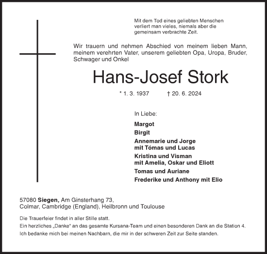 Traueranzeige von Hans-Josef Stork von Siegener Zeitung