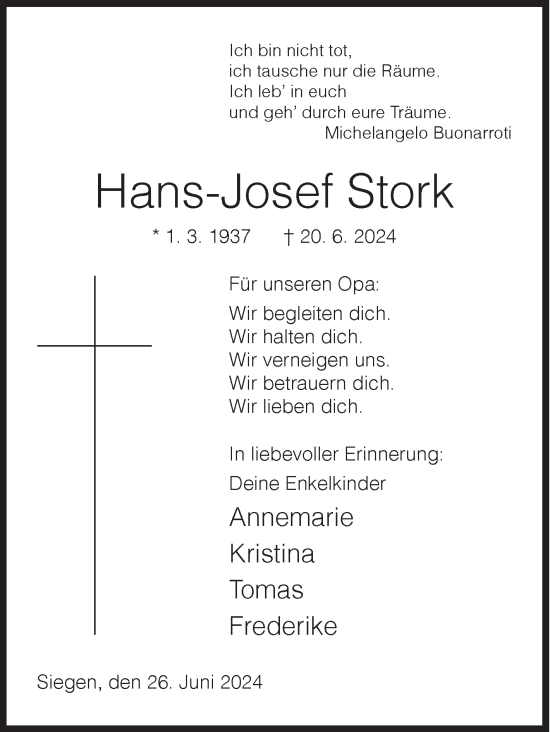 Traueranzeige von Hans-Josef Stork von Siegener Zeitung