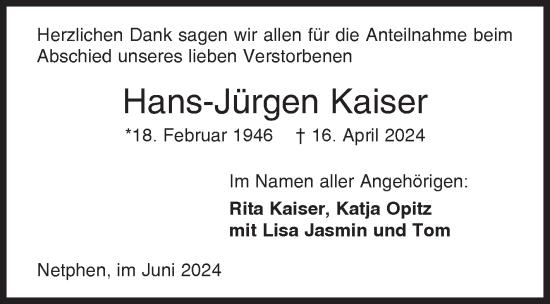 Traueranzeige von Hans-Jürgen Kaiser von Siegener Zeitung