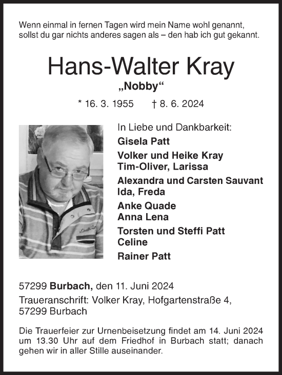 Traueranzeige von Hans-Walter Kray von Siegener Zeitung