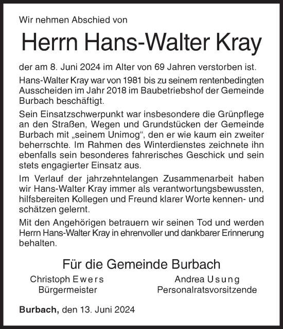 Traueranzeige von Hans-Walter Kray von Siegener Zeitung