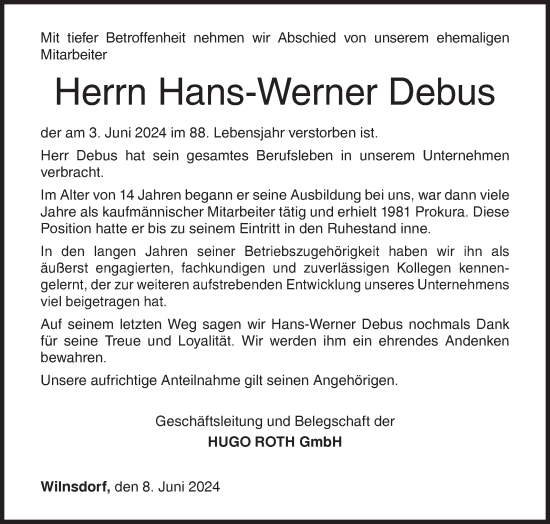 Traueranzeige von Hans-Werner Debus von Siegener Zeitung
