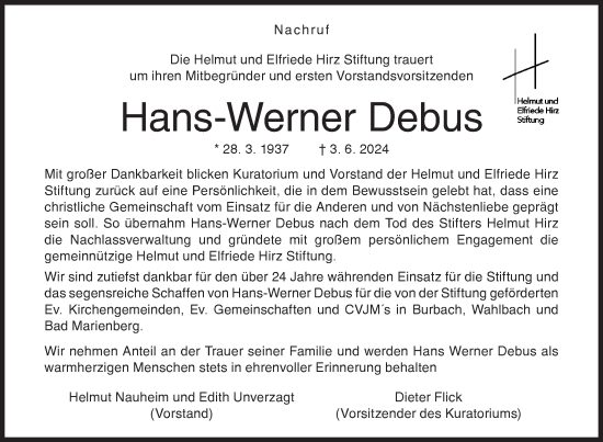 Traueranzeige von Hans-Werner Debus von Siegener Zeitung