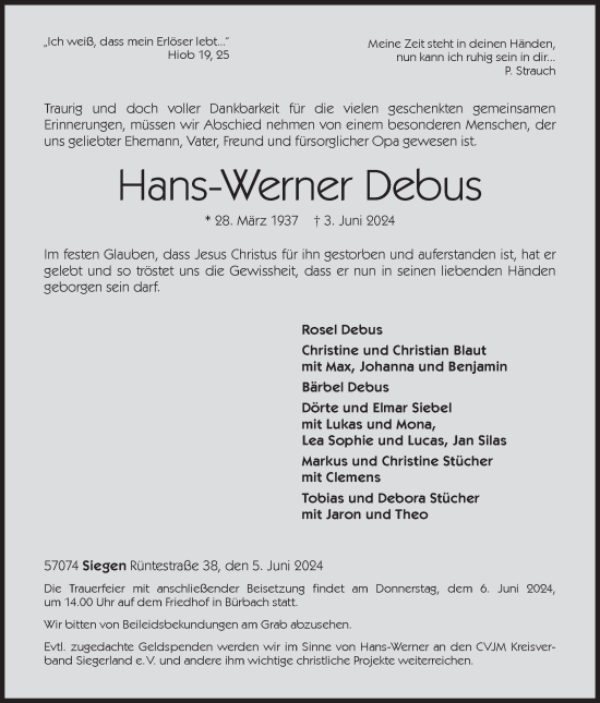 Traueranzeige von Hans-Werner Debus von Siegener Zeitung