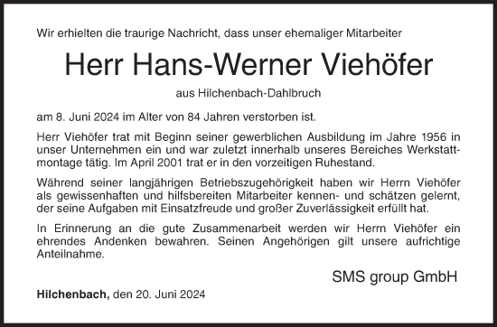 Traueranzeige von Hans-Werner Viehöfer von Siegener Zeitung