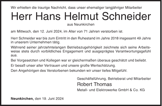 Traueranzeige von Hans Helmut Schneider von Siegener Zeitung