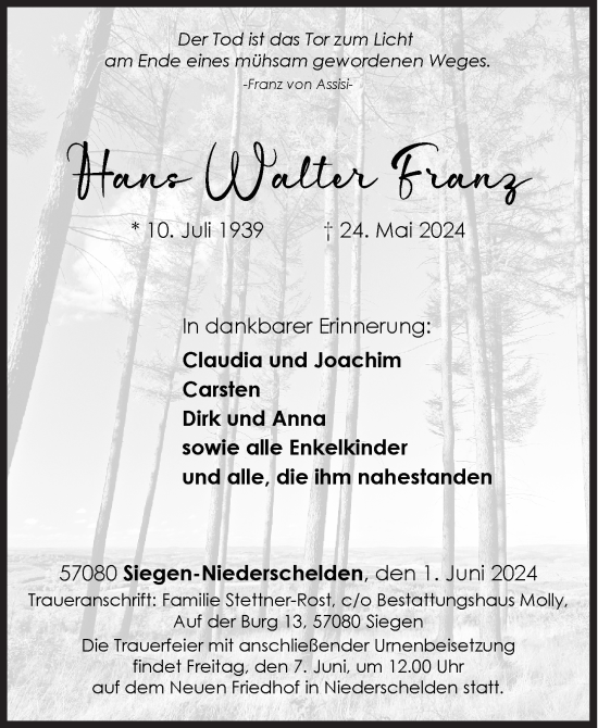 Traueranzeige von Hans Walter Franz von Siegener Zeitung