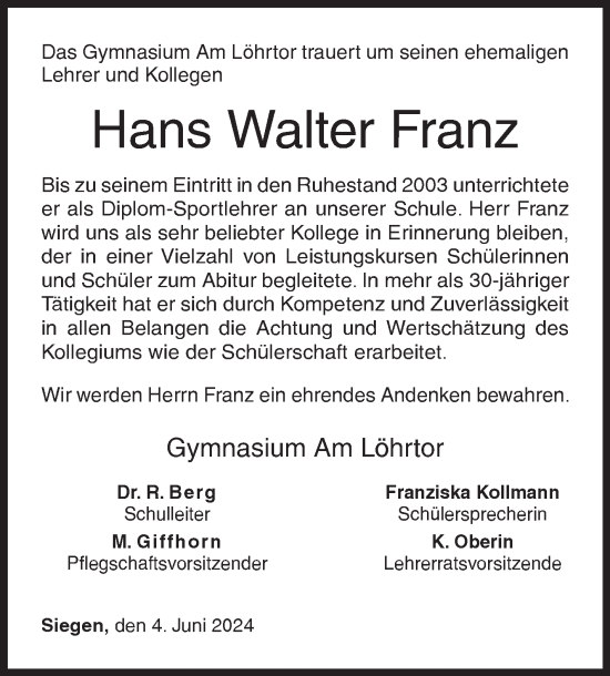 Traueranzeige von Hans Walter Franz von Siegener Zeitung