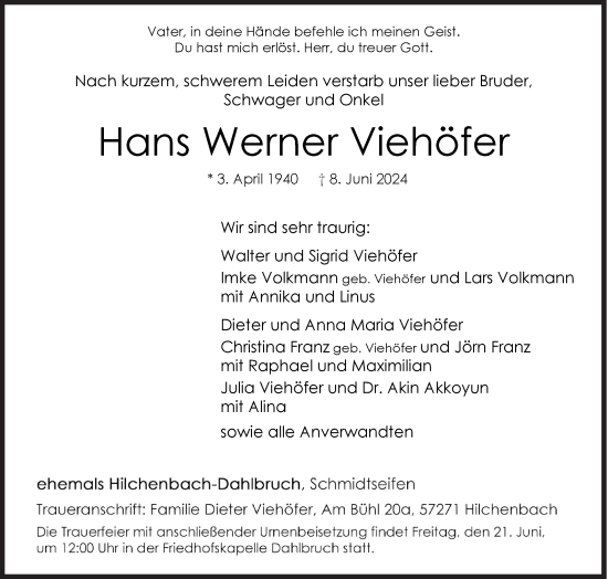 Traueranzeige von Hans Werner Viehöfer von Siegener Zeitung