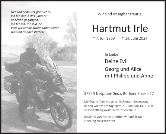Traueranzeige von Hartmut Irle von Siegener Zeitung