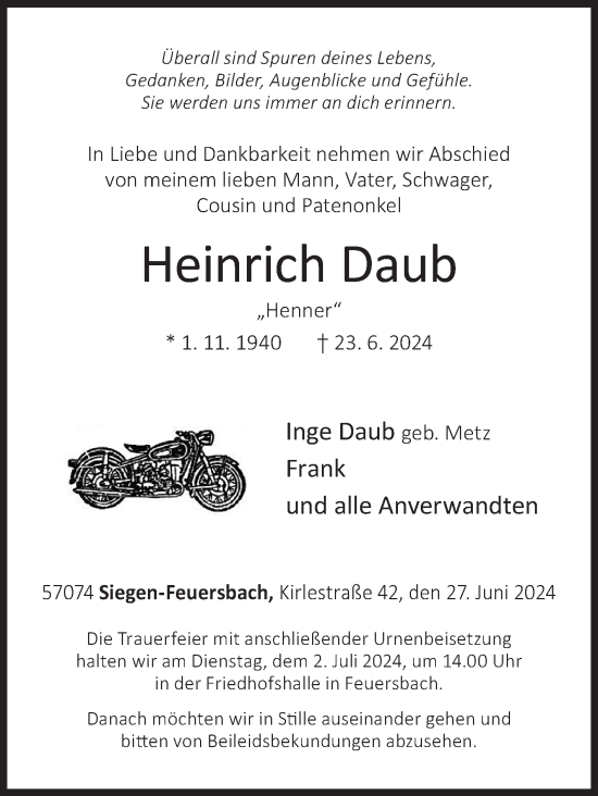 Traueranzeige von Heinrich Daub von Siegener Zeitung