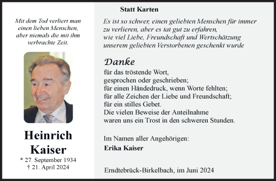 Traueranzeige von Heinrich Kaiser von Siegener Zeitung