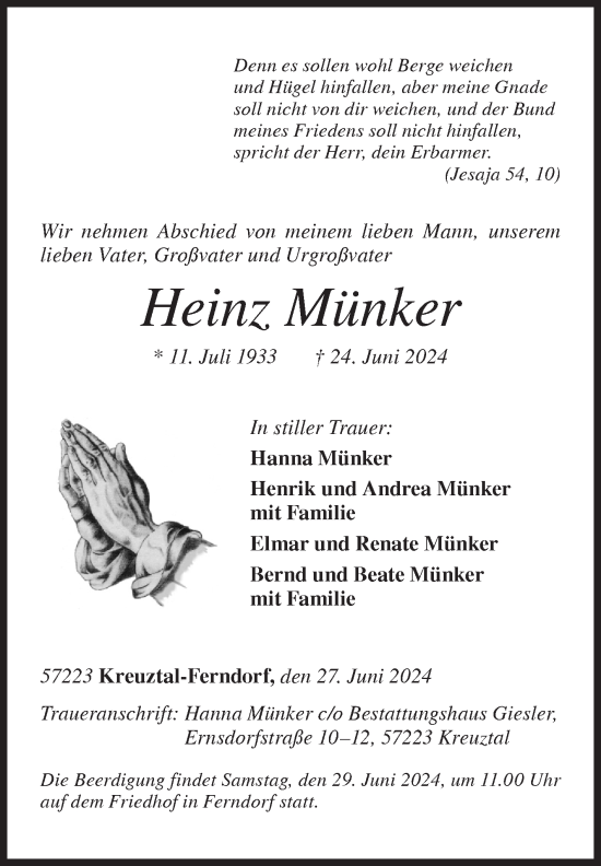 Traueranzeige von Heinz Münker von Siegener Zeitung