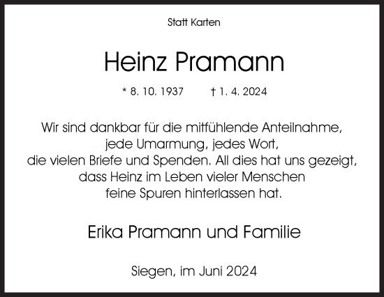 Traueranzeige von Heinz Pramann von Siegener Zeitung