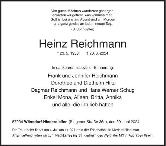 Traueranzeige von Heinz Reichmann von Siegener Zeitung
