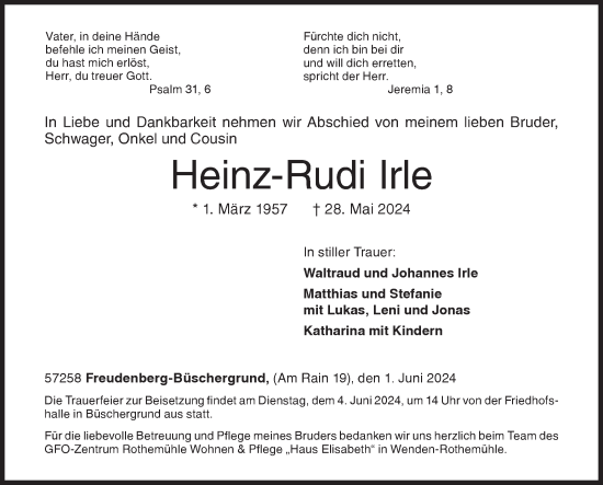 Traueranzeige von Heinz-Rudi Irle von Siegener Zeitung