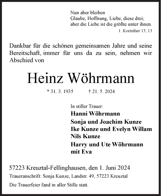 Traueranzeige von Heinz Wöhrmann von Siegener Zeitung