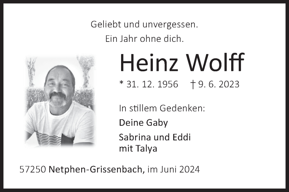  Traueranzeige für Heinz Wolff vom 08.06.2024 aus Siegener Zeitung