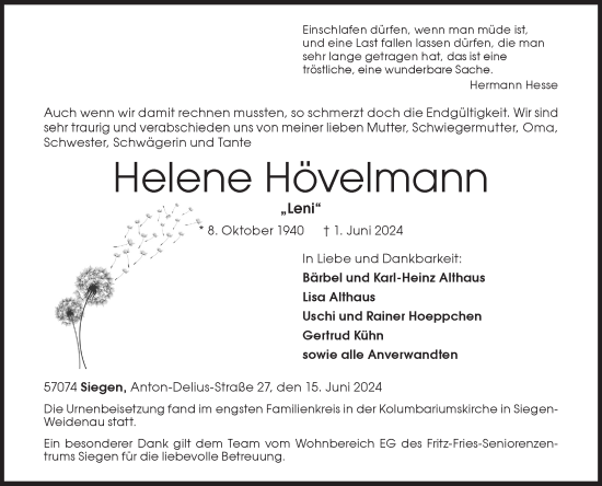 Traueranzeige von Helene Hövelmann von Siegener Zeitung