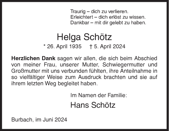 Traueranzeige von Helga Schötz von Siegener Zeitung