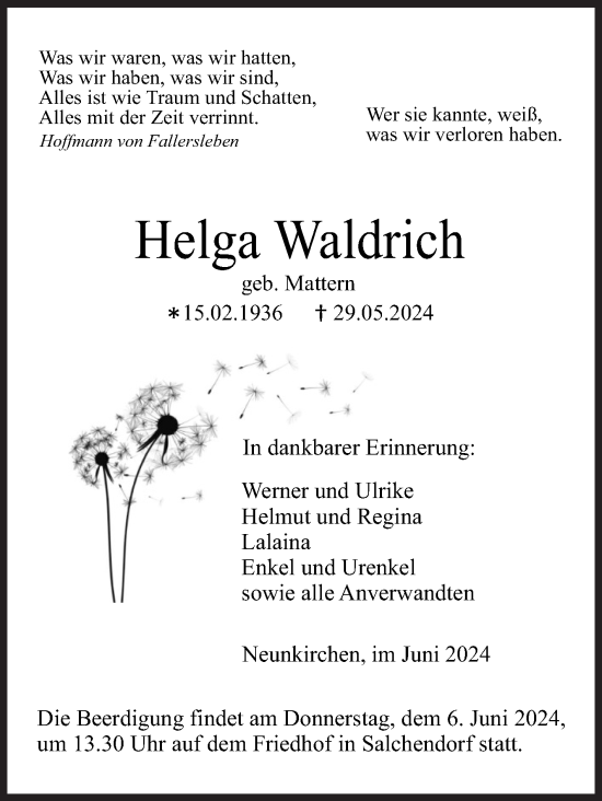 Traueranzeige von Helga Waldrich von Siegener Zeitung