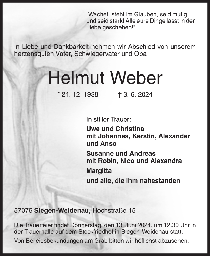  Traueranzeige für Helmut Weber vom 10.06.2024 aus Siegener Zeitung
