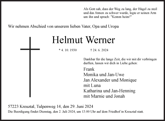 Traueranzeige von Helmut Werner von Siegener Zeitung
