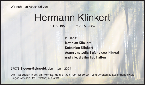 Traueranzeige von Hermann Klinkert von Siegener Zeitung