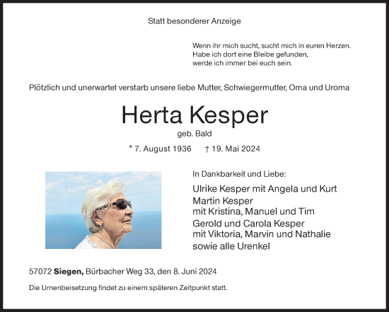 Traueranzeige von Herta Kesper von Siegener Zeitung