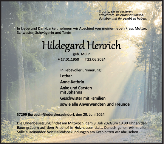 Traueranzeige von Hildegard Henrich von Siegener Zeitung