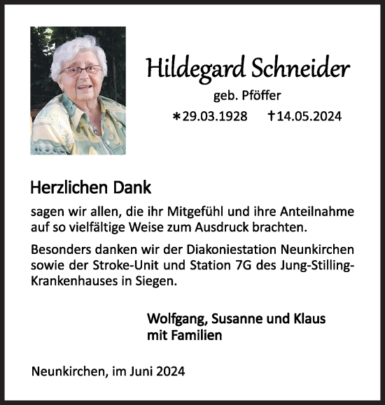 Traueranzeige von Hildegard Schneider von Siegener Zeitung